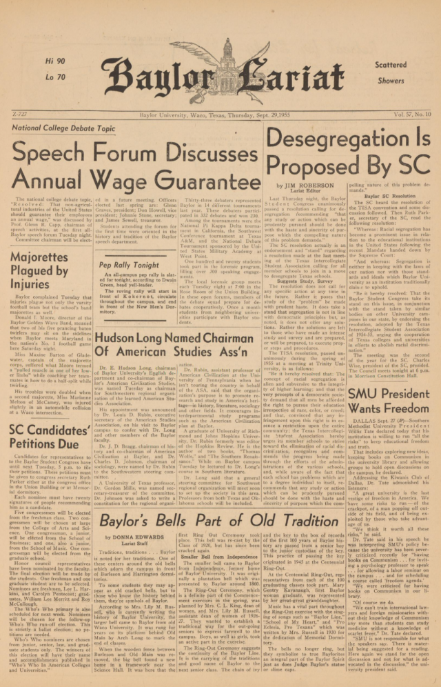 Baylor's student Congress voted unanimously to accept Black students in September 1955. Lariat Archives